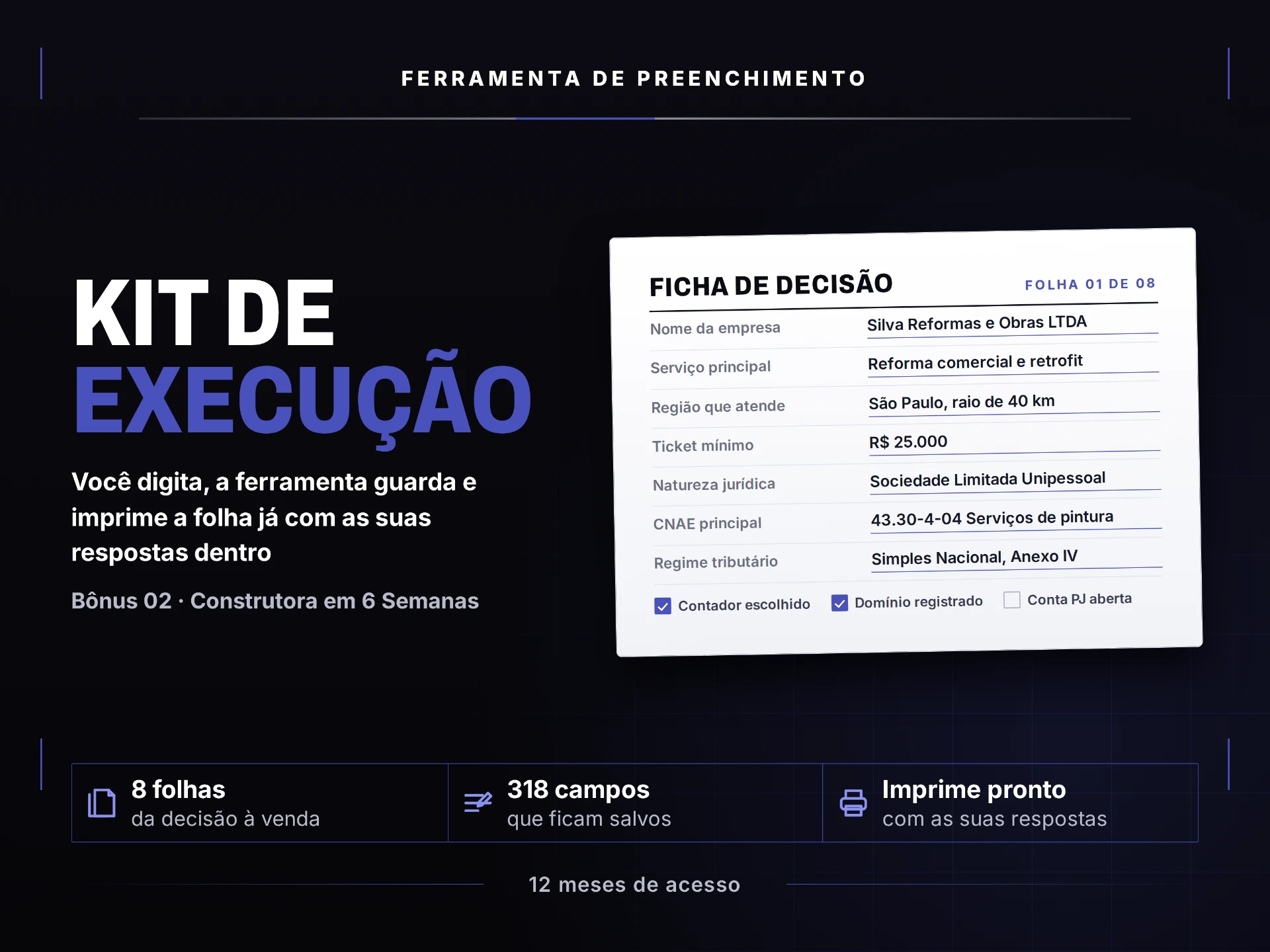 Kit de Execução: oito folhas com campos salvos para organizar a operação